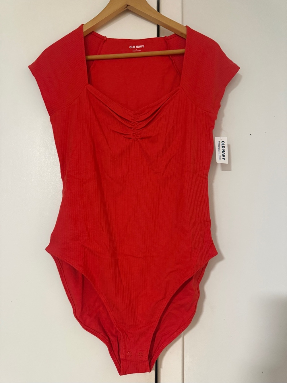 Old Navy Red Ribbed Cap-Sleeve Scoop-Neck Bodysuit